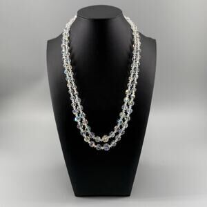 Vintage Aurora Borealis Crystal Necklace Double Strand Rhinestone Clasp Glass